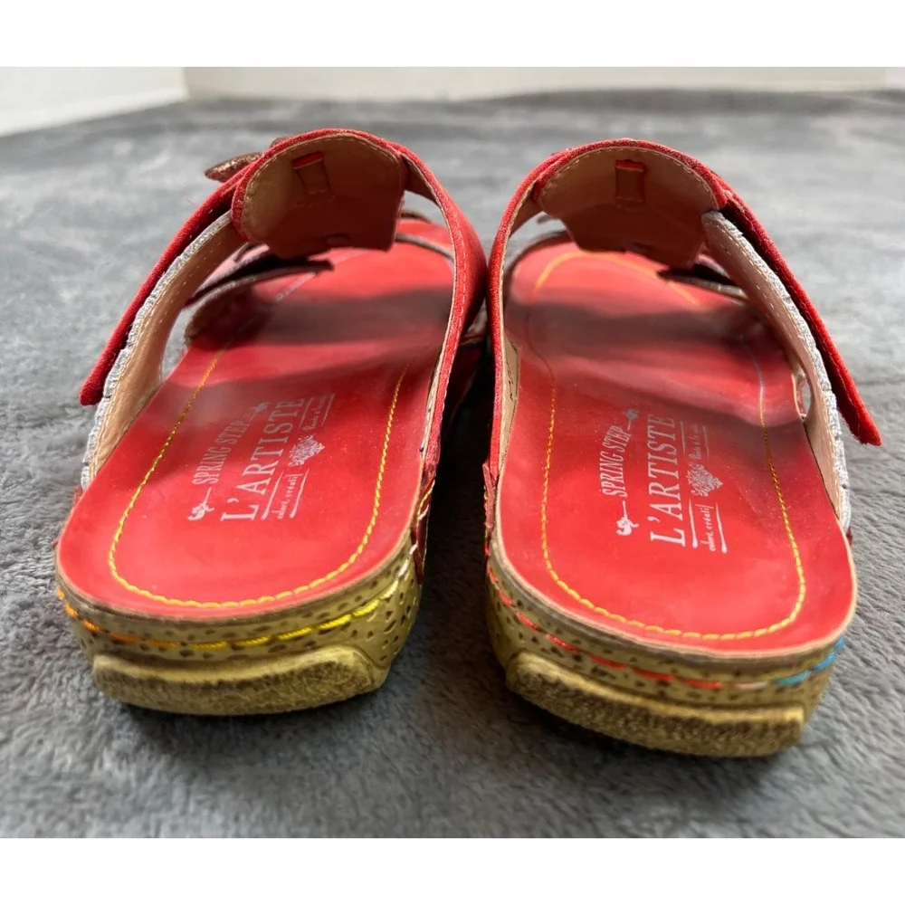 Spring Step L'artiste Karina Sandals 37/7 Red Leather Floral Embellished Artsy